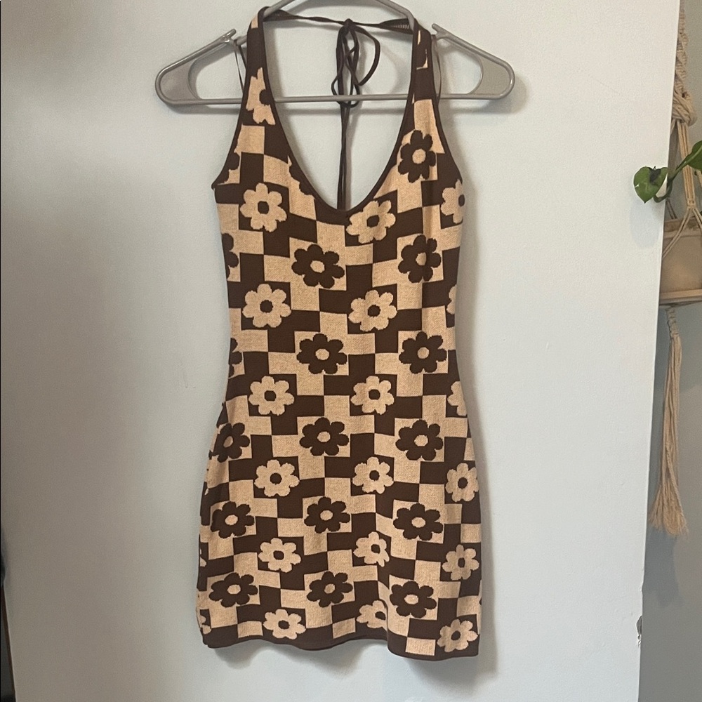 Altar'd State Floral Checkered Brown and Cream Haulter Dress | Size Small